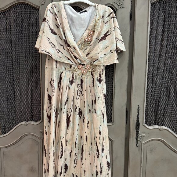 ]Women’s Size 20 (4X) Long Dress – Watercolor Print, Embroidery Detail, Side - Picture 1 of 13